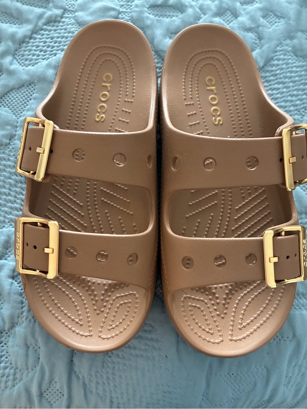 CROCS Kids Double Buckle Slide Sandals in Tan with Gold Buckles